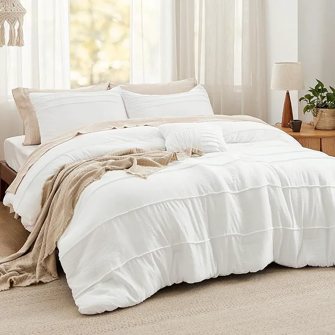 Comfortable Bedsure California King Comforter Set - 4 Pieces Pinch Pleat Bed Set White Boho Bedding for All Season 1 Soft Comforter 2 Pillowcases 1 Decorative Pillow Outstanding