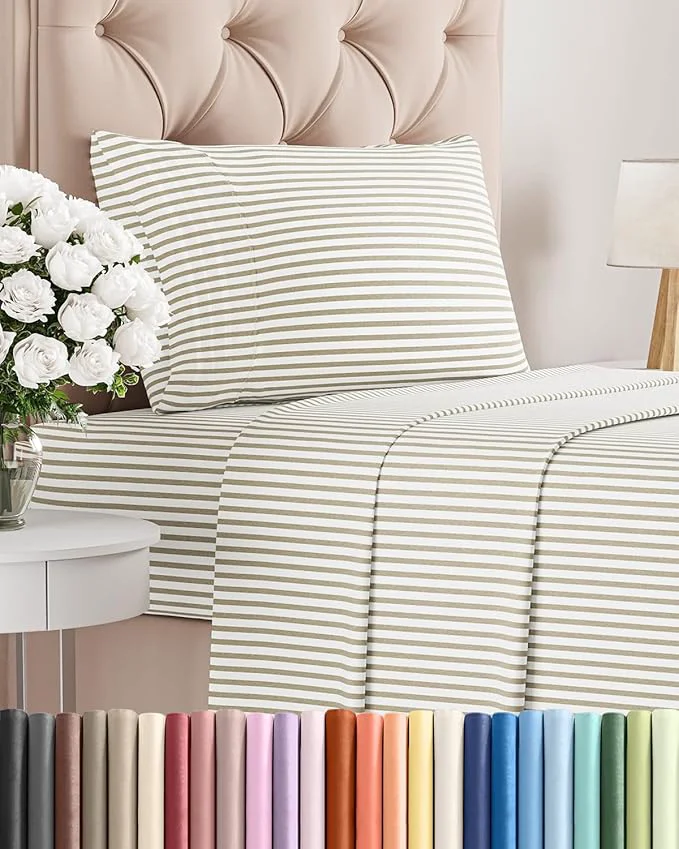 Convenient Twin Size 3 Piece Sheet Set - Comfy Breathable amp Cooling Bed Sheets Set - Hotel Luxury Bedding for Women Men Kids Teens Boys amp Girls - Deep Pockets Soft Wrinkle - Oeko-Tex - Beige Stripes 2
