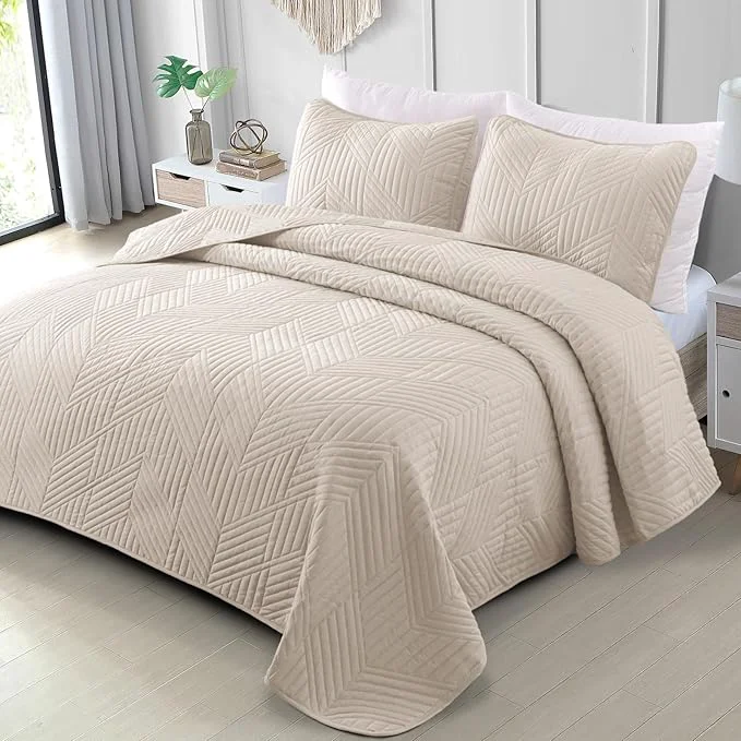 Easy-to-Use Exclusivo Mezcla Ultrasonic King Quilt Bedding Set Lightweight Brich Beige Bedspreads Soft Modern Geometric Coverlet Set for All Seasons 1 Quilt and 2 Pillow Shams Pure
