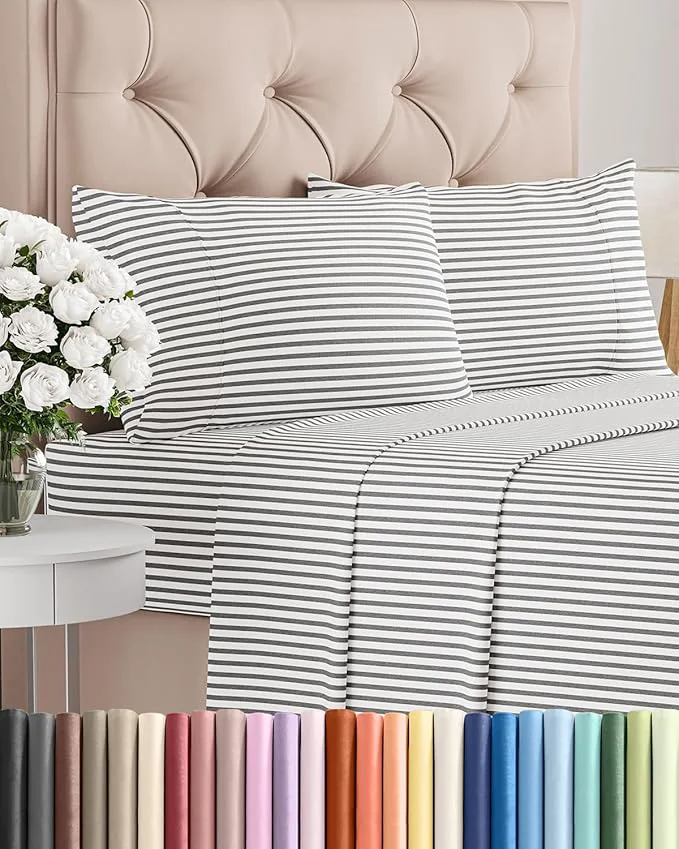 Flexible King Size 4 Piece Sheet Set - Comfy Breathable amp Cooling Bed Sheets Set - Hotel Luxury Bedding for Women Men Kids Teens Boys amp Girls - Deep Pockets Soft Wrinkle - Oeko-Tex - Grey Stripes 2 Fine Crafted