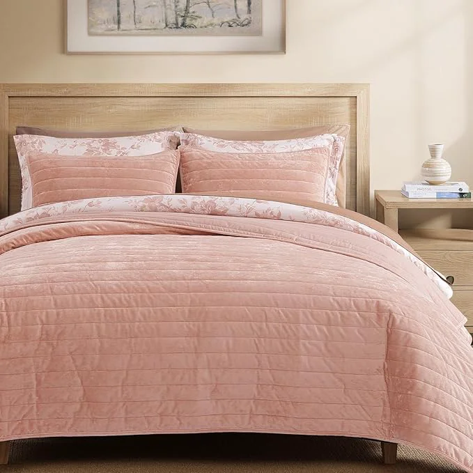 Certified WRENSONGE Velvet King Size Quilt Set-3 Pieces Clay Pink Luxurious Velvet Striped Channel Comforter with 2 Shams Soft Bedspread Coverlet Quilted Bedding Set for All Season Unique