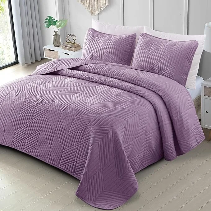 Advanced Exclusivo Mezcla Ultrasonic King Quilt Bedding Set Lightweight Dusty Lavender Bedspreads Soft Modern Geometric Coverlet Set for All Seasons 1 Quilt and 2 Pillow Shams Official