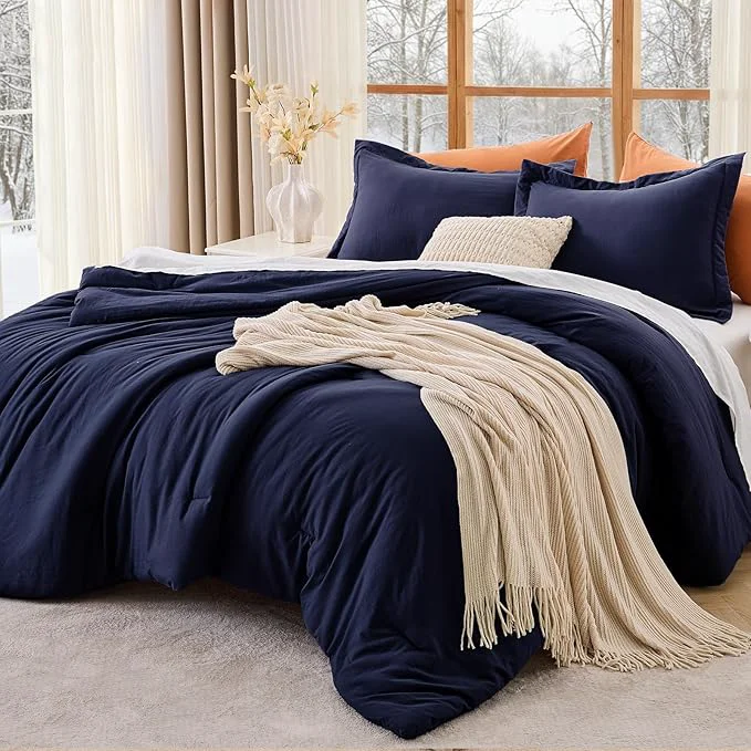 Fashionable MUXHOMO Queen Comforter Set All Season Ultra Soft Down Bedding - 3 Piece Lightweight Bed Set Includes 1 Comforter 90 quot x90 quot and 2 Pillow Shams 20 quot x26 quot Navy Blue Sophisticated