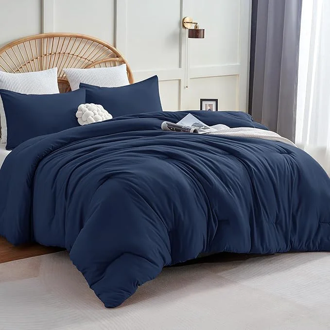 Flexible CozyLux Navy Blue Full Size Comforter Set 3 Pieces Solid Breathable Quilted Style Bedding Sets Luxury Fluffy Soft Bed Set with Down Comforter for All Season 1 Comforter amp 2 Pillowcases Prestigious