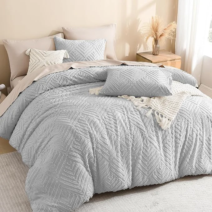 Elite Litanika Light Grey Queen Comforter Set 3 Pieces Tufted Boho Farmhouse Bedding Comforter Sets Lightweight Fluffy Comforter Bed Set for All Season 90x90In Comforter and 2 Pillowcases Comfortable