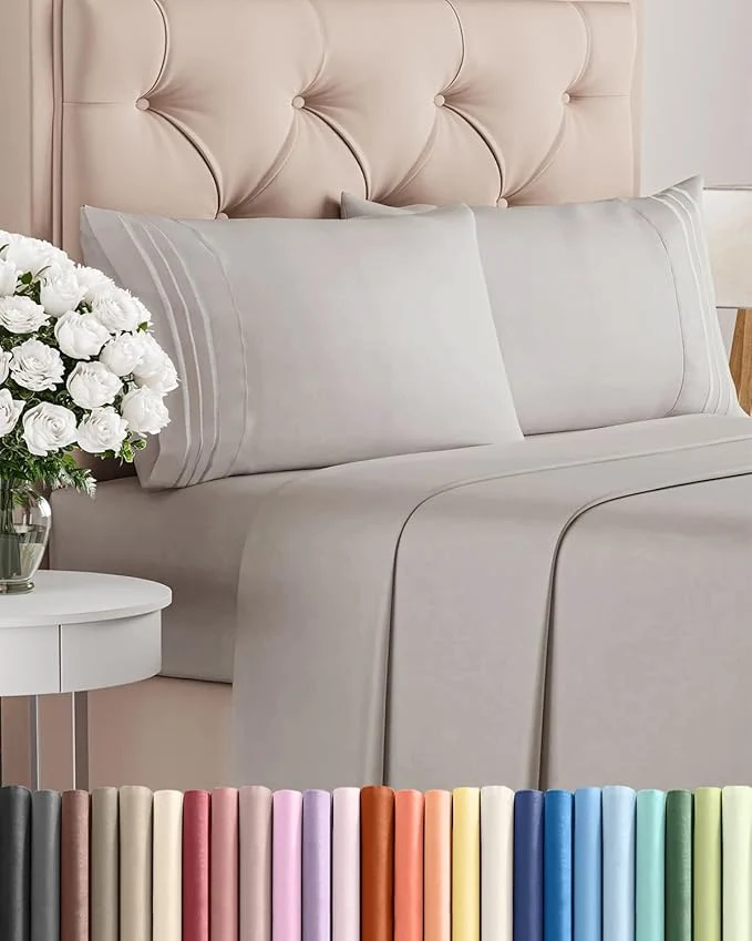 Sophisticated Queen Size 4 Piece Sheet Set - Comfy Breathable amp Cooling Bed Sheets Set - Hotel Luxury Bedding for Women Men Kids Teens Boys amp Girls - Deep Pockets Soft and Wrinkle - Oeko-Tex - Light Grey Casual