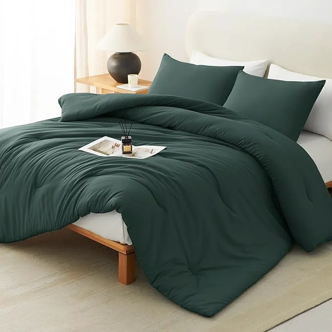 Fine Crafted CozyLux King Size Comforter Set Forest Green 3 Pieces Solid Comforters King Size Breathable Quilted Bedding Sets Luxury Soft Lightweight Bed Set with Down Comforter and 2 Pillowcases Clean