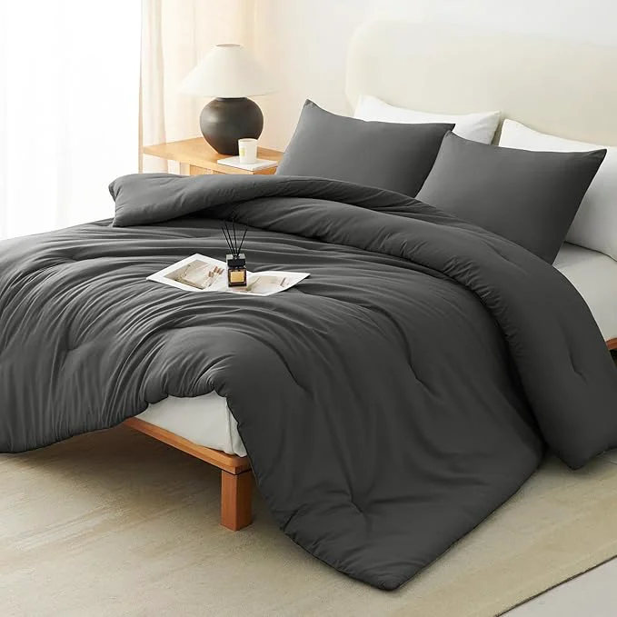 Prestigious CozyLux Queen Comforter Set Dark Grey 3 Pieces Solid Comforters Queen Size Breathable Quilted Bedding Sets Dark Gray Luxury Soft Lightweight Bed Set with Down Comforter and 2 Pillowcases Environmentally Friendly