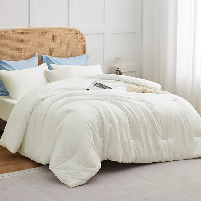 Proven CozyLux Queen Comforter Set Ivory 3 Pieces Solid Comforters Queen Size Breathable Quilted Bedding Sets Luxury Soft Lightweight Bed Set with Down Comforter and 2 Pillowcases All Seasons Reliable