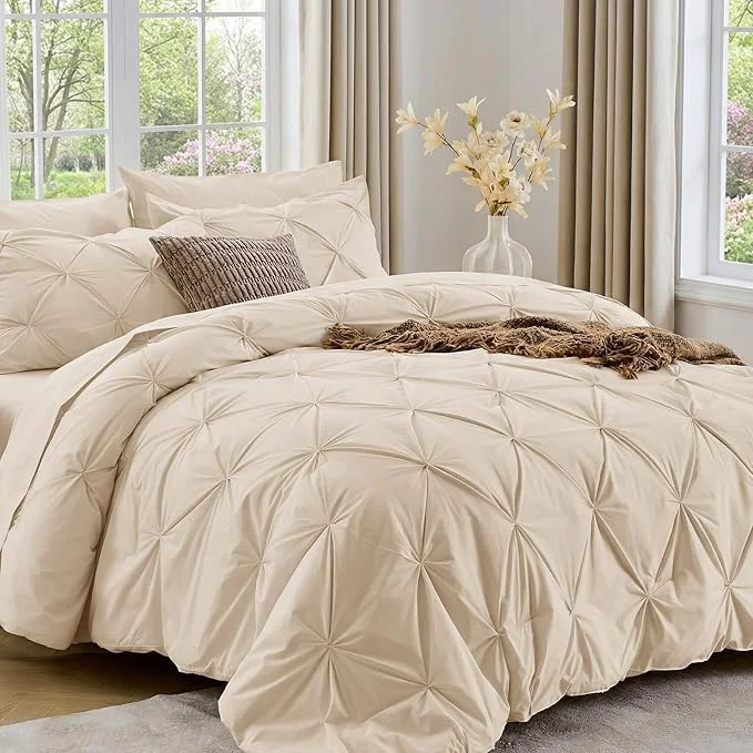 Versatile Sasttie King Size Comforter Set 7-Piece Bed in a Bag Pintuck Bedding Set for All Season Includes Comforter Flat Sheet Fitted Sheet Pillowcases and Pillowshams Warm Beige Luxury