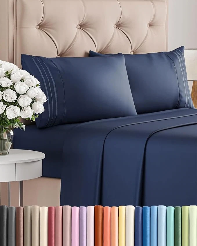 Smart King Size 4 Piece Sheet Set - Comfy Breathable amp Cooling Bed Sheets Set - Hotel Luxury Bedding for Women Men Kids Teens Boys amp Girls - Deep Pockets Ultra-Soft Wrinkle - Oeko-Tex - Navy Blue Contemporary
