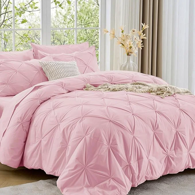 Clean Sasttie King Size Comforter Set 7-Piece Bed in a Bag Pintuck Bedding Sets for All Season Includes Comforter Flat Sheet Fitted Sheet Pillowcases and Pillowshams Baby Pink Authentic