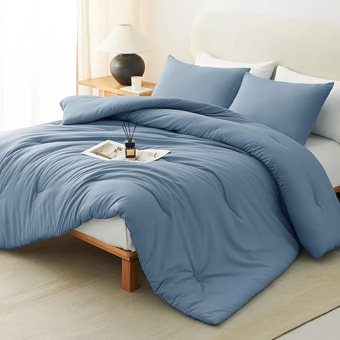 Minimalist CozyLux Grayish Blue Full Size Comforter Set 3 Pieces Dusty Blue Solid Breathable Quilted Bedding Sets Luxury Soft Bed Set with Down Comforter All Season 1 Comforter amp 2 Pillowcases Sustainable