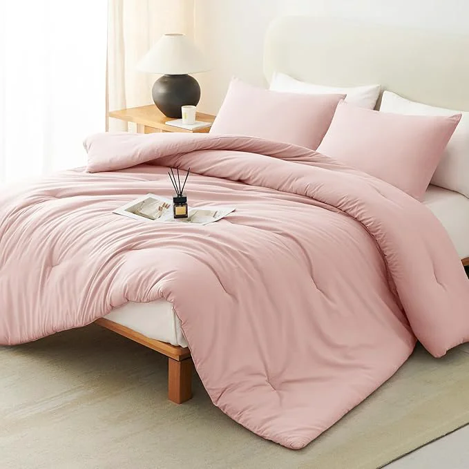 Stylish CozyLux Oversized Queen Comforter Set Blush Pink 3 Pieces 98x98 Solid Breathable Quilted Bedding Sets All Season Luxury Soft Lightweight Bed Set with Down Comforter and 2 Pillowcases Smooth