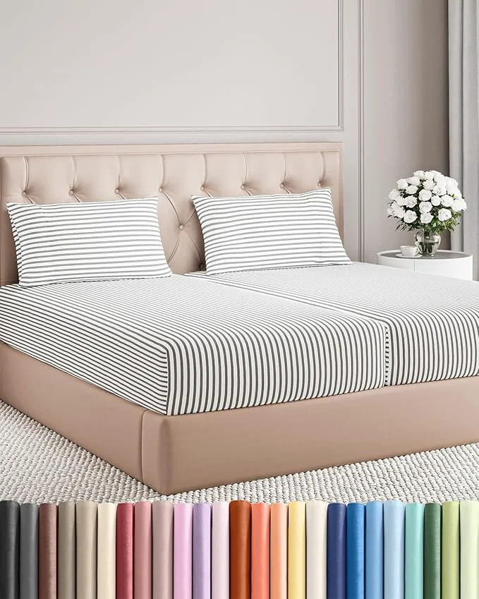 Contemporary Split King Size 5 Piece Sheet Set - Comfy Breathable amp Cooling Bed Sheets Set - Hotel Luxury Bedding for Women Men Kids Teens Boys amp Girls - Deep Pockets amp Wrinkle - Oeko-Tex - Grey Stripes 2 Advanced