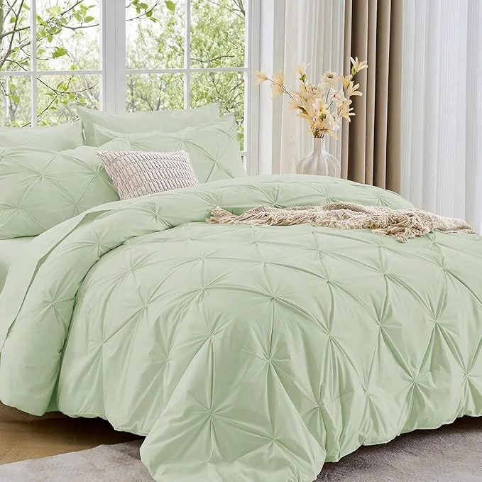 Comfortable Sasttie King Size Comforter Set 7-Piece Bed in a Bag Pintuck Bedding Sets for All Season Includes Comforter Flat Sheet Fitted Sheet Pillowcases and Pillowshams Mint Solid