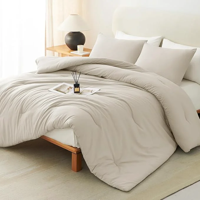 Crafted CozyLux Queen Comforter Set Oatmeal 3 Pieces Solid Comforters Queen Size Breathable Quilted Bedding Sets Luxury Soft Lightweight Bed Set with Down Comforter and 2 Pillowcases All Seasons Minimalist