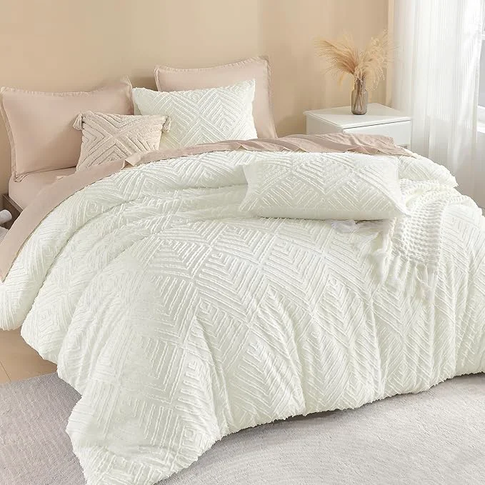 Secure Litanika Ivory King Size Comforter Set 3 Pieces Tufted Boho Farmhouse Bedding Comforter Sets Lightweight Fluffy Comforter Bed Set for All Season 104x90In Comforter and 2 Pillowcases Pure