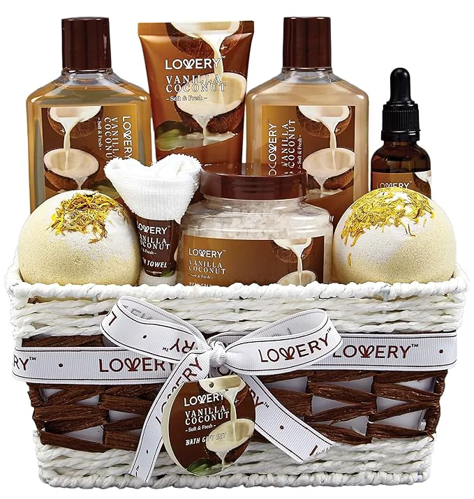 Optimized Gifts For Women Gift Basket for Women– 9 Piece Set of Vanilla Coconut Home Spa Convenient
