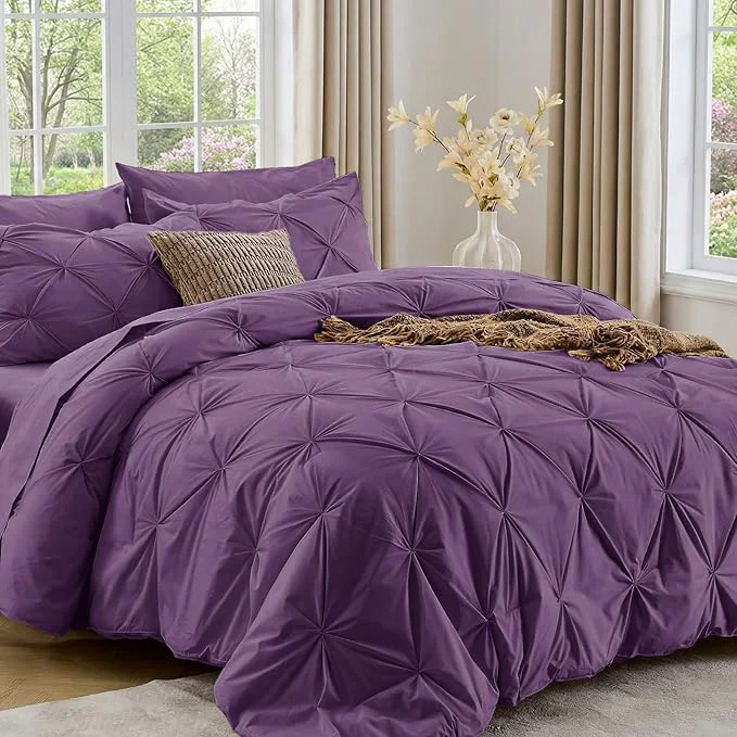 Classic Sasttie California King Comforter Set 7-Piece Bed in a Bag Cal King Pintuck Bedding Set for All Season Includes Comforter Flat Sheet Fitted Sheet Pillowcases and Pillowshams Grape Purple Verified