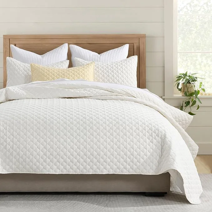 Relaxed HORIMOTE HOME Cream Quilt King Size Lightweight Quilt for Summer Ultra-Soft Microfiber Modern Style Quilted Clouds Pattern Bedspread Quit Set 3 Pieces 1 Quilt and 2 Pillow Shams Crafted
