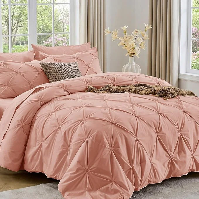Casual Sasttie King Size Comforter Set 7-Piece Bed in a Bag Pintuck Bedding Set for All Season Includes Comforter Flat Sheet Fitted Sheet Pillowcases and Pillowshams Blush Enhanced
