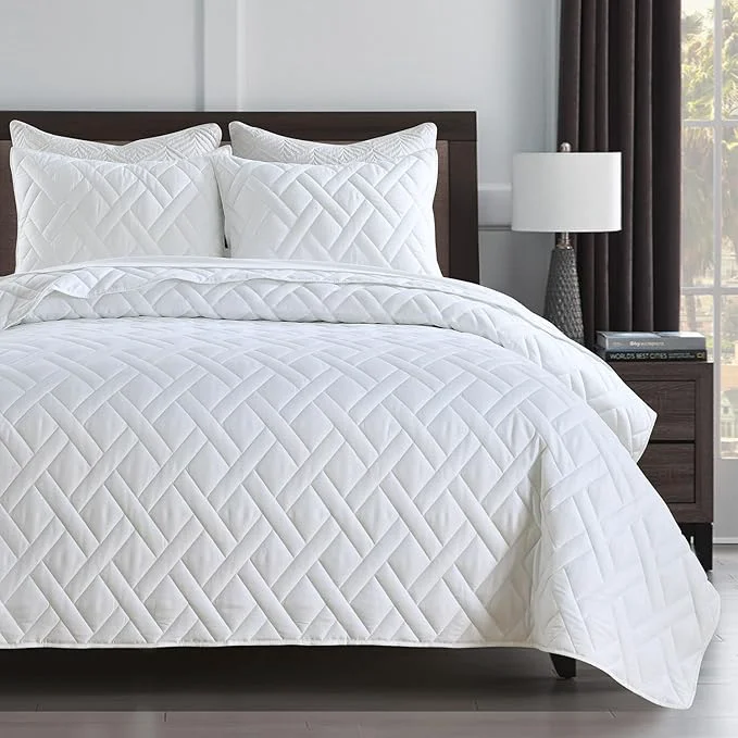Reusable HORIMOTE HOME Quilt Set Twin Size White Classic Geometric Diamond Stitched Pattern Ultra Soft Microfiber Lightweight Bedding Set Bedspread Coverlet for All Season 1 Quilt and 1 Pillow Sham High-End