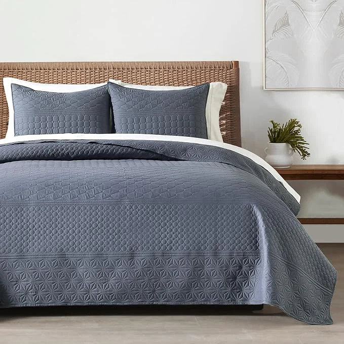 Fine HORIMOTE HOME Steel Blue Queen Size Quilt Set - Soft Microfiber Bedspread with 2 Shams Lightweight amp All-Season Geometric Coverlet for Cozy Bedding Original