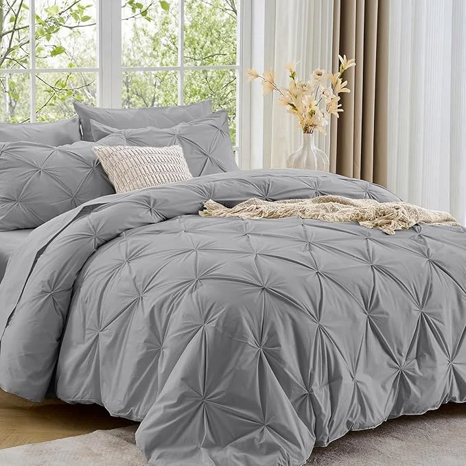 Reusable Sasttie California King Comforter Set 7-Piece Bed in a Bag Pintuck Bedding Sets for All Season Includes Comforter Flat Sheet Fitted Sheet Pillowcases and Pillowshams Light Grey Soft