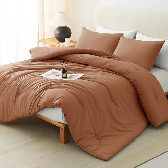 Flexible CozyLux Queen Comforter Set Pumpkin 3 Pieces Solid Comforters Queen Size Breathable Bedding Sets Fall Luxury Soft Lightweight Bed Set with Down Comforter and 2 Pillowcases All Seasons High-Grade