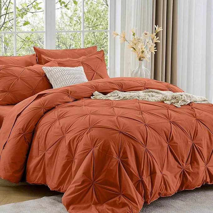 Organic Sasttie Twin Comforter Set 5-Piece Bed in a Bag Pintuck Bedding Sets for All Season Includes Comforter Flat Sheet Fitted Sheet Pillowcase and Pillowsham Burnt Orange Classic