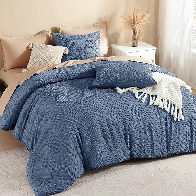 Enhanced Litanika Ocean Blue Queen Comforter Set 3 Pieces Tufted Boho Farmhouse Bedding Comforter Sets Lightweight Fluffy Comforter Bed Set for All Season 90x90In Comforter and 2 Pillowcases Smart