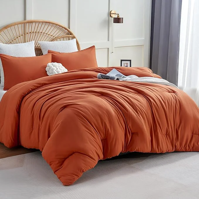 User-Friendly CozyLux Terracotta King Size Comforter Set 3 Pieces Burnt Orange Rust Solid Breathable Quilted Bedding Sets Luxury Fluffy Soft Bed Set with Down Comforter and 2 Pillowcases All Season Natural