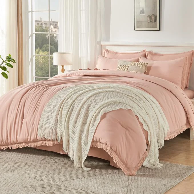 Convenient Andency Pink King Size Comforter Set with Sheets - 7 Pieces Boho Tassel Bed in a Bag Soft Lightweight Bedding Sets Pink Fringe Bed Set with Comforter Sheets Pillowcases amp Shams Traditional