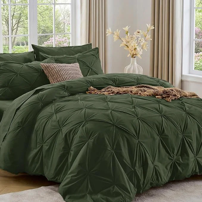Secure Sasttie California King Comforter Set 7-Piece Bed in a Bag Pintuck Bedding Sets for All Season Includes Comforter Flat Sheet Fitted Sheet Pillowcases and Pillowshams Dark Green Versatile
