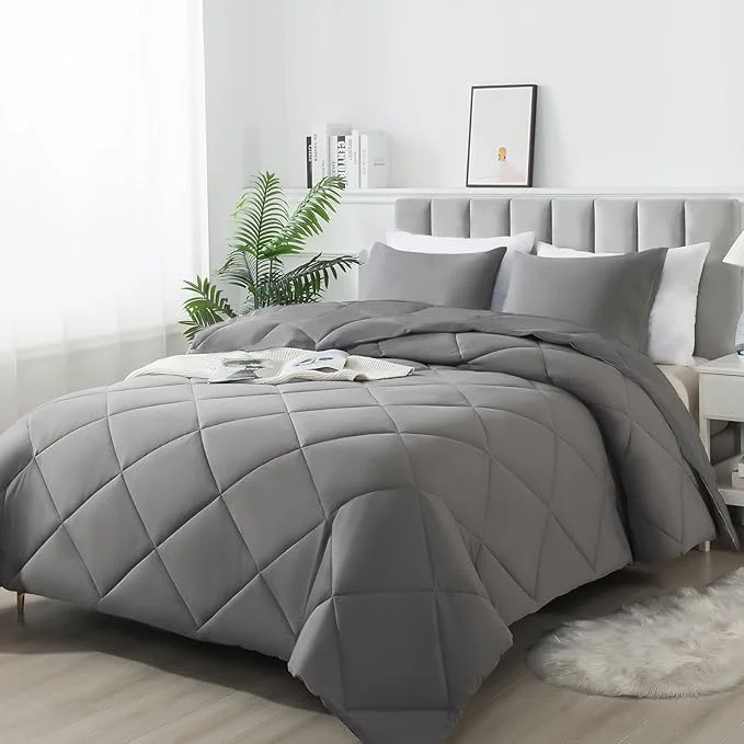 Traditional 3-Piece Twin Comforter Set All-Season Soft amp Hypoallergenic amp Breathable Bedding Polyester Quilted Down Comforter 1 amp Pillowcases 1 Dark Gray Superior