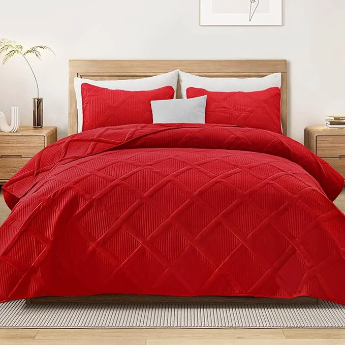 Optimized Exclusivo Mezcla King Quilt Set- Red Quilts Bedding Set with 2 Pillow Shams Modern King Bedspread with Striped Pattern Soft Lightweight Bedspreads Coverlets for All Seasons Elite