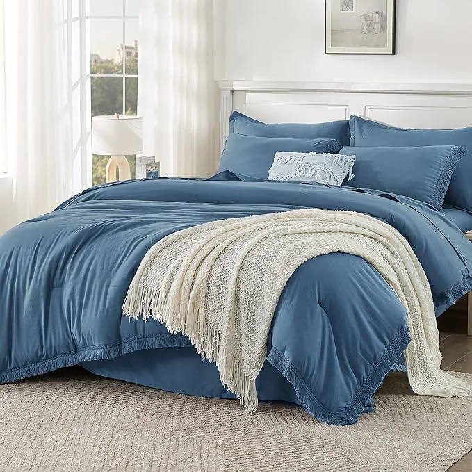 Recyclable Andency Queen Comforter Set with Sheets Sea Blue - 7 Pieces Boho Tassel Bed in a Bag Soft Lightweight Bedding Sets Fringe Bed Set with Comforter Sheets Pillowcases amp Shams Professional