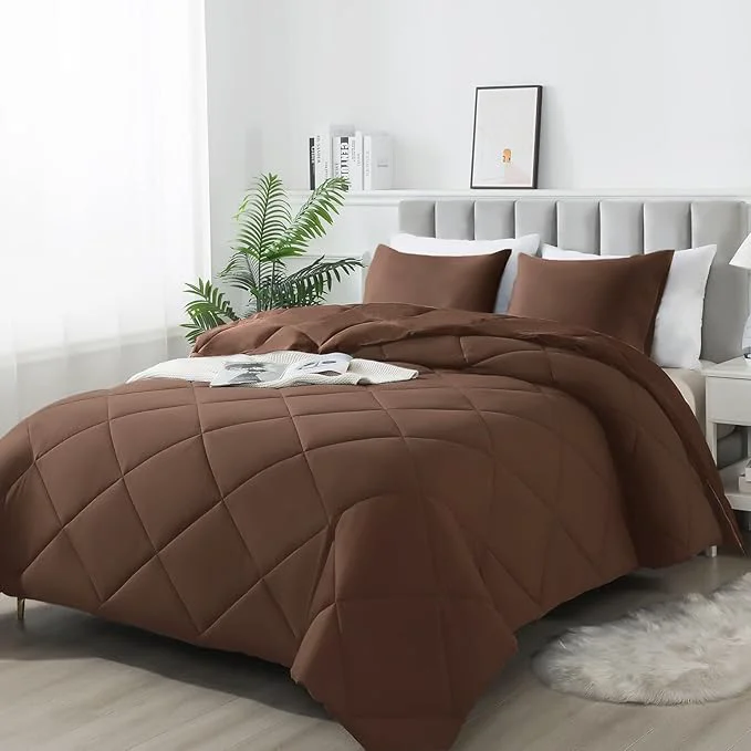Secure 3-Piece Full Comforter Set All-Season Soft amp Hypoallergenic amp Breathable Bedding Polyester Quilted Down Comforter 1 amp Pillowcases 2 Chocolate Relaxed