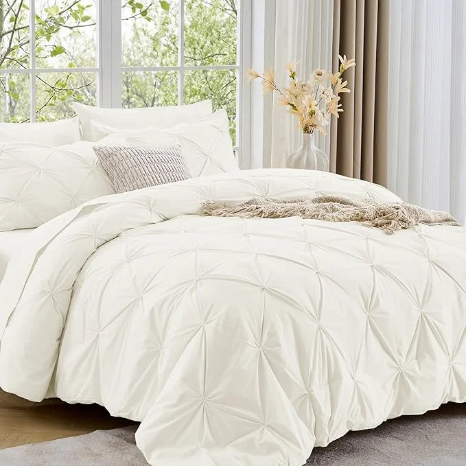 Casual Sasttie Twin Comforter Set 5-Piece Bed in a Bag Pintuck Bedding Sets for All Season Includes Comforter Flat Sheet Fitted Sheet Pillowcase and Pillowsham Ivory Long-Lasting