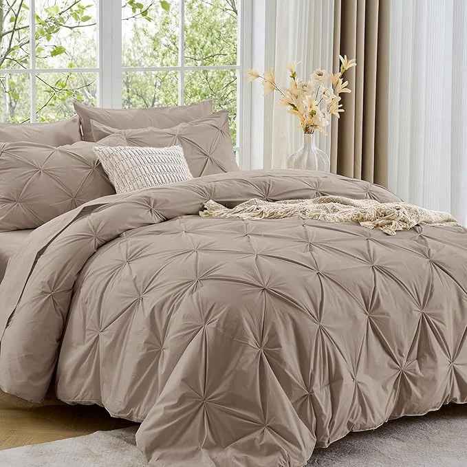 Optimized Sasttie California King Comforter Set 7-Piece Bed in a Bag Pintuck Bedding Sets for All Season Includes Comforter Flat Sheet Fitted Sheet Pillowcases and Pillowshams Dark Linen Enhanced