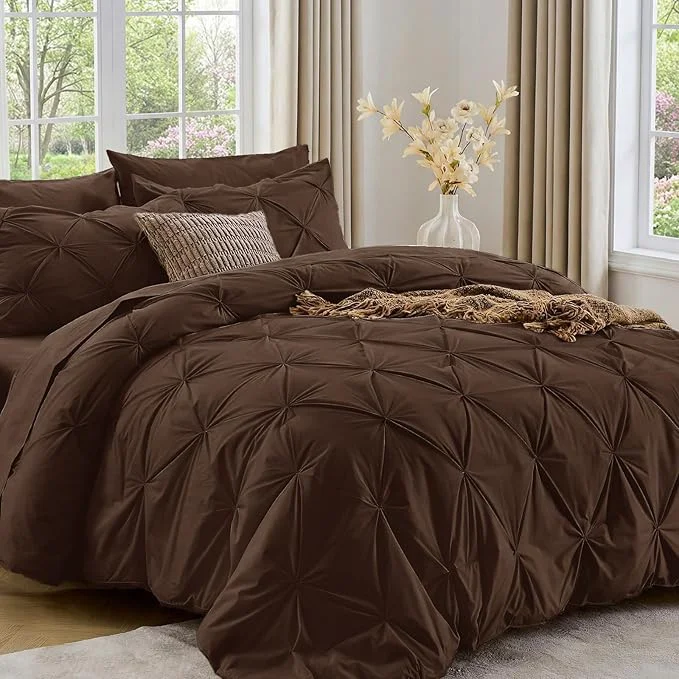 Exclusive Sasttie Full Size Comforter Set 7-Piece Bed in a Bag Double Pintuck Bedding Set for All Season Includes Comforter Flat Sheet Fitted Sheet Pillowcases and Pillowshams Dark Brown World-Class