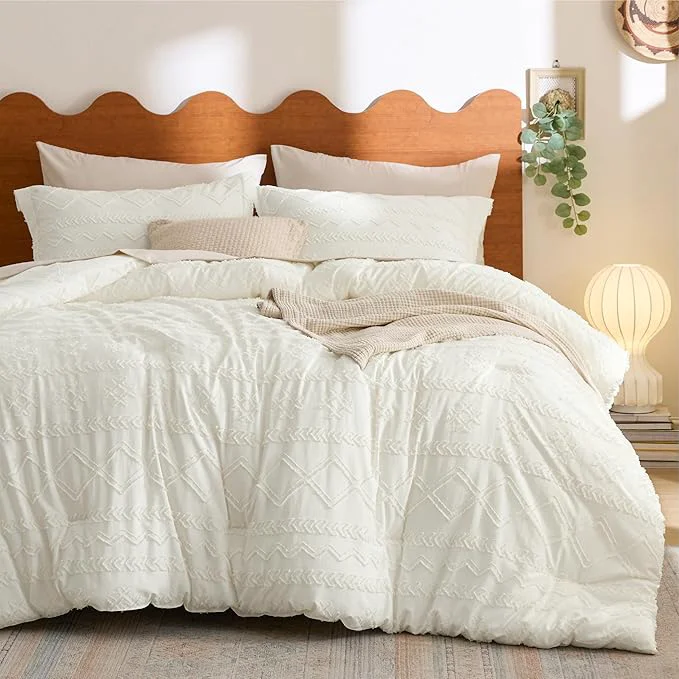 Original Design Bedsure Tufted Boho Comforter Set Queen Size - White Boho Bed Set GentleSoft™ 3 Pieces Farmhouse Shabby Chic Home Decor Bedding Gifts for Woman Soft Jacquard Queen Comforter for All Seasons Natural