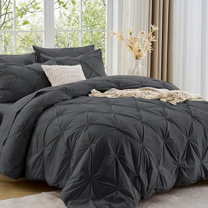 Specialty Sasttie Queen Comforter Set 7-Piece Bed in a Bag Pintuck Bedding Set for All Season Includes Comforter Flat Sheet Fitted Sheet Pillowcases and Pillowshams Dark Grey Secure