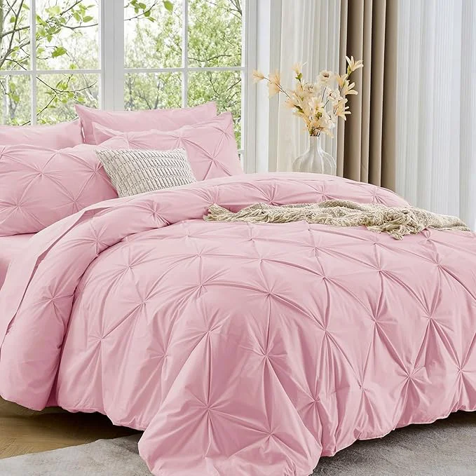 Optimized Sasttie California King Comforter Set 7-Piece Bed in a Bag Pintuck Bedding Sets for All Season Includes Comforter Flat Sheet Fitted Sheet Pillowcases and Pillowshams Baby Pink Next-Generation