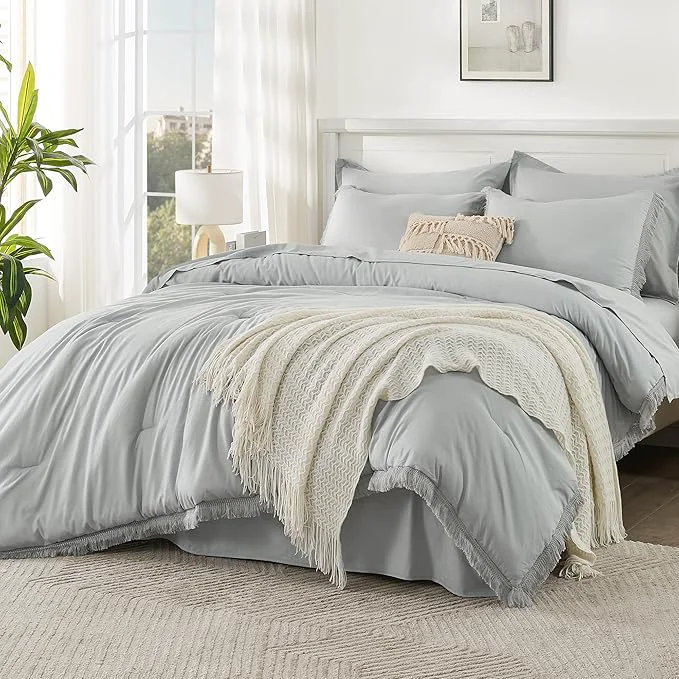 Authentic Andency Light Grey Queen Size Comforter Set with Sheets - 7 Pieces Boho Tassel Bed in a Bag Soft Lightweight Bedding Sets Light Grey Fringe Bed Set with Comforter Sheets Pillowcases amp Shams Top-Quality
