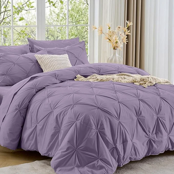 Reusable Sasttie Twin XL Comforter Set 5-Piece Bed in a Bag Pintuck Bedding Sets for All Season Includes Comforter Flat Sheet Fitted Sheet Pillowcase and Pillowsham New Purple Traditional