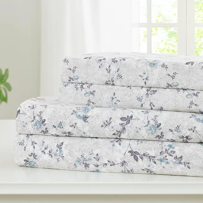 Efficient Modern Threads Silky Soft Microfiber and Wrinkle Sheets - Luxurious Microfiber Bed Sheets Includes Flat Sheet Fitted Sheet with Deep Pockets amp Pillowcases Kashmir Rose Blue California King Traditional