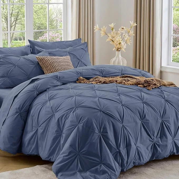 Comfortable Sasttie Full Size Comforter Set 7-Piece Bed in a Bag Double Pintuck Bedding Set for All Season Includes Comforter Flat Sheet Fitted Sheet Pillowcases and Pillowshams Indigo Blue Fashionable