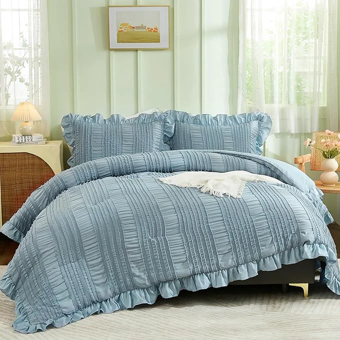 Recyclable WONGS BEDDING Blue Comforter Set King 3 Pieces Ruffle Farmhouse Shabby Chic Boho Comforter for King Bed Soft Textured Bedding Set with 1 Ruffle Comforter 2 Tufted Pillowcases 104 quot ×90 quot Trusted